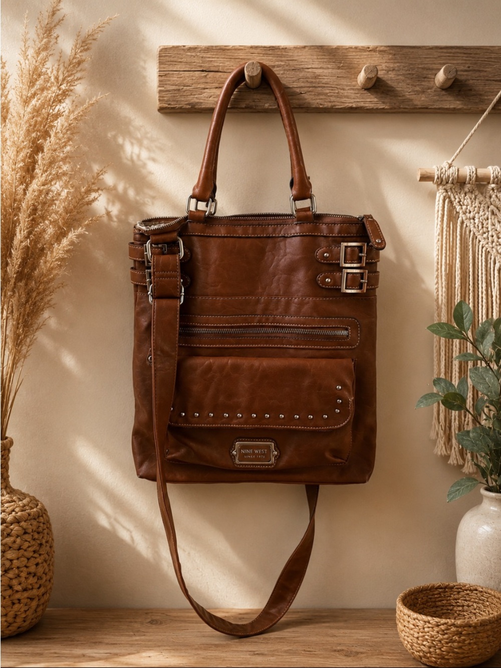 Nine West Chestnut Brown faux Leather Buckle Tote